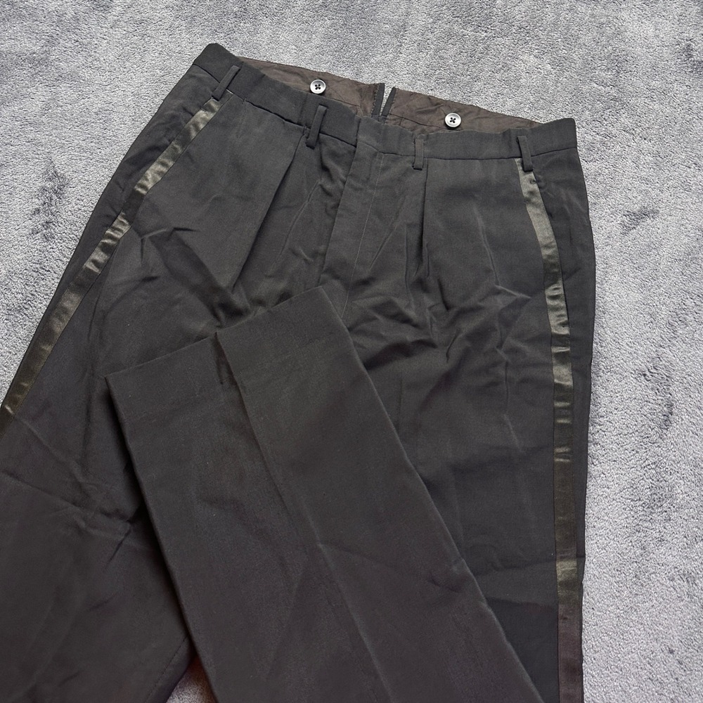 Vintage Tuxedo Trousers Mens 33x30 Black Satin Stripe Pleated Pants Kurlnot